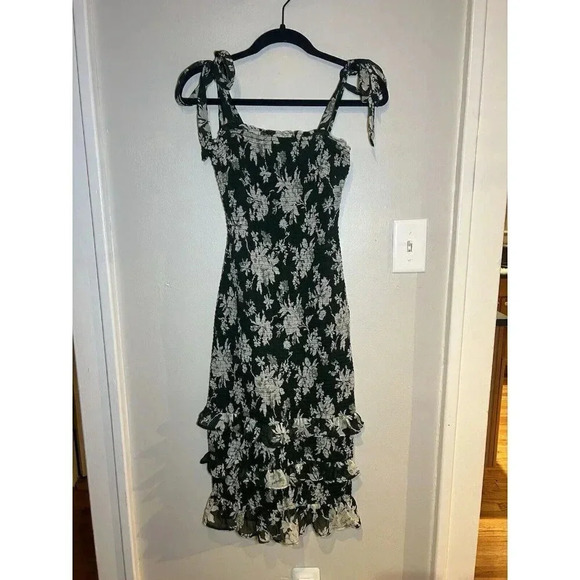 Abercrombie Size S Green Tie-Strap Floral Smocked Midi Dress - Picture 5 of 10